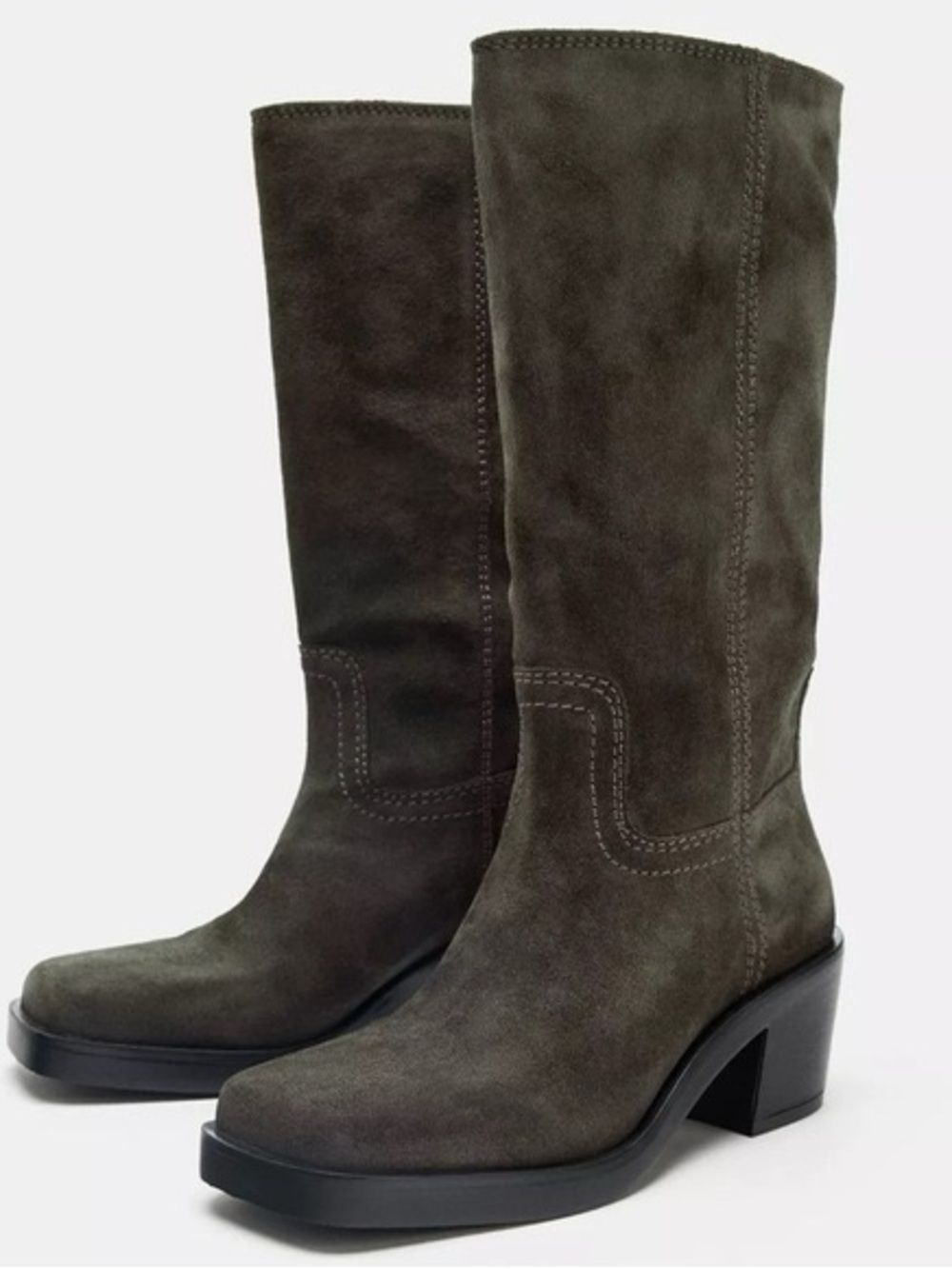 Zara Brown Suede Mid-Calf Heeled Boots
